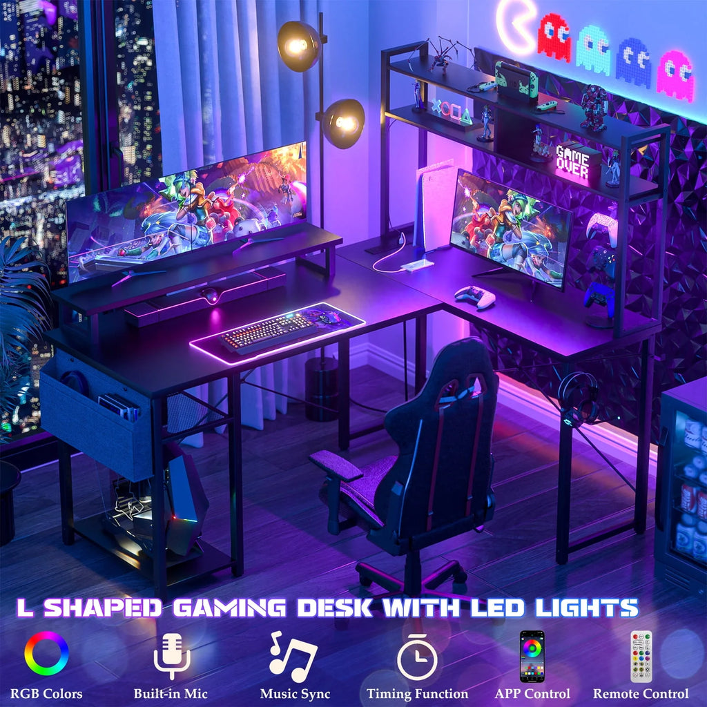 L Shaped Computer Desk with Power Outlets & LED Lights Y340397