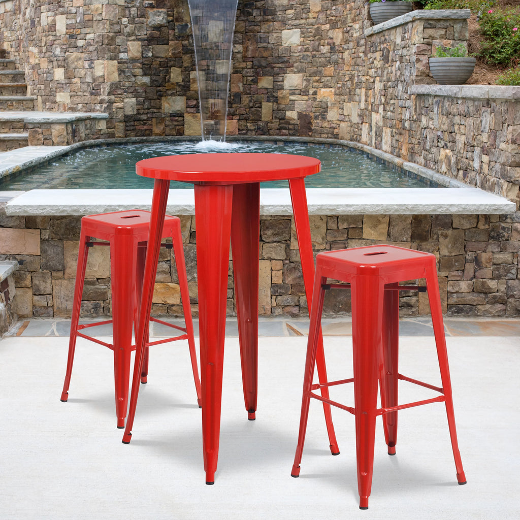 Commercial Grade Round Red Metal Indoor-Outdoor Bar Table Set with 2 Backless Stools W639530