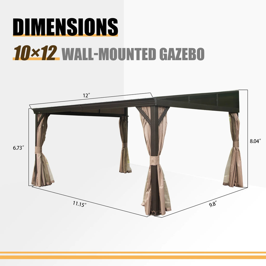 10x12FT Hardtop Wall Mounted Gazebo with Curtains and Netting I2113