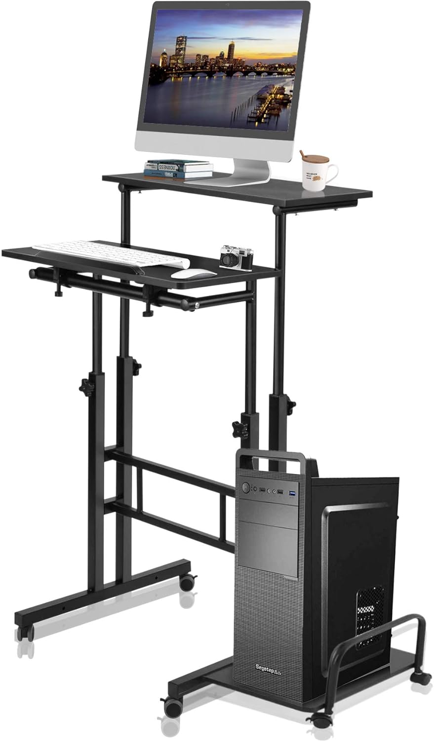 Black Mobile Standing Desk with Lockable Wheels and Bottom Storage Shelf Q795322