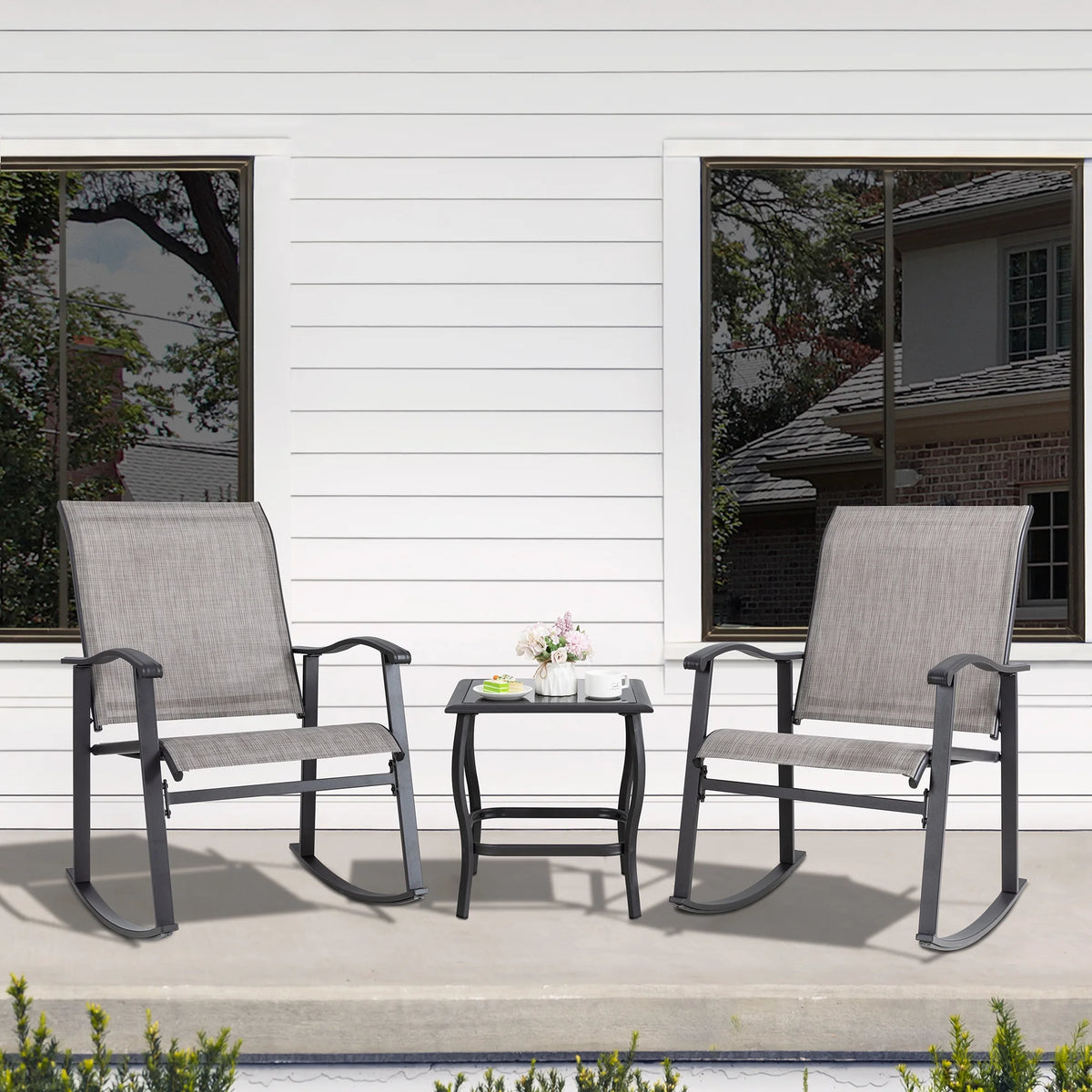 3 Piece Rocking Bistro Set with Glass Coffee Table Light Gray R20175