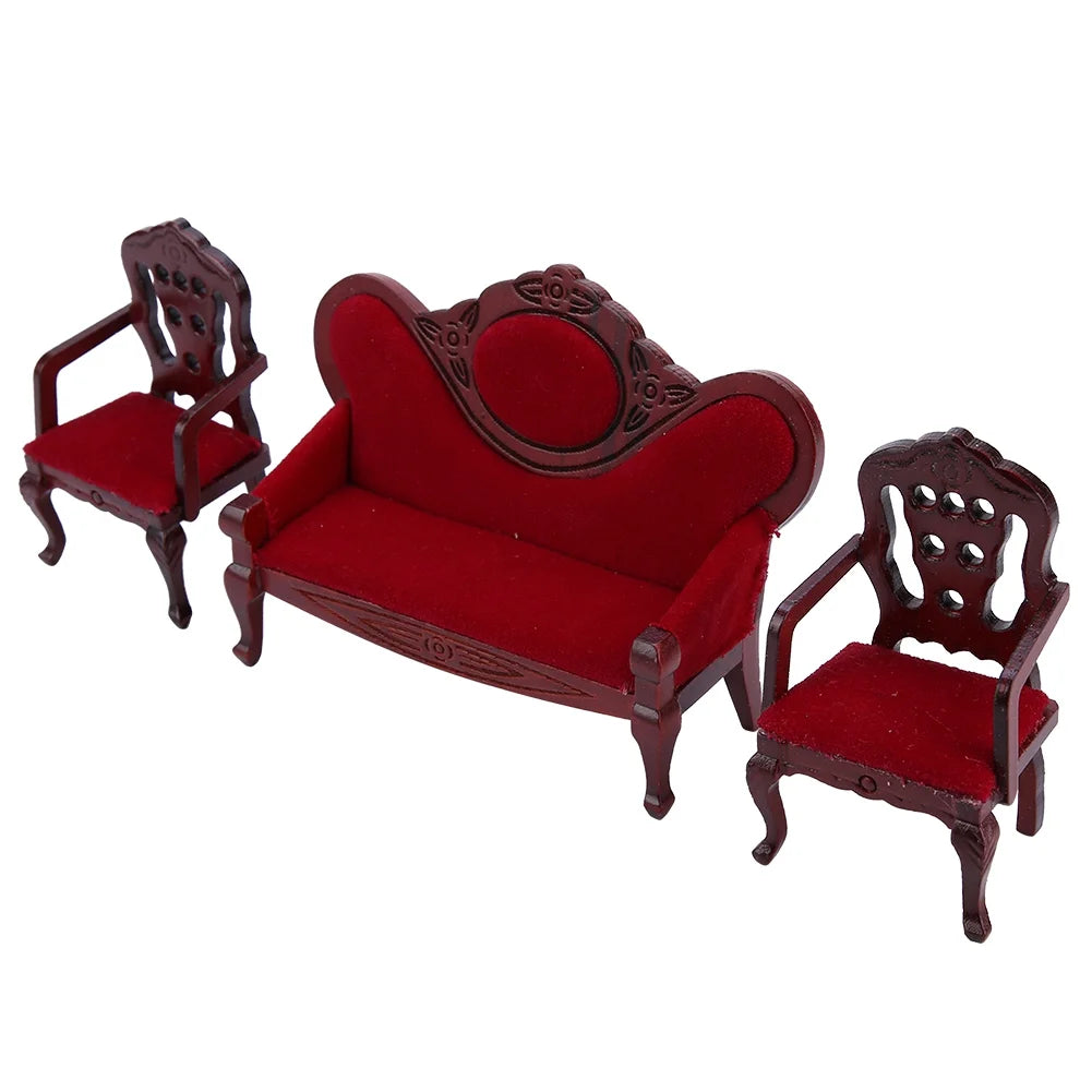 Red Wooden Dollhouse Sofa Chair Set S147
