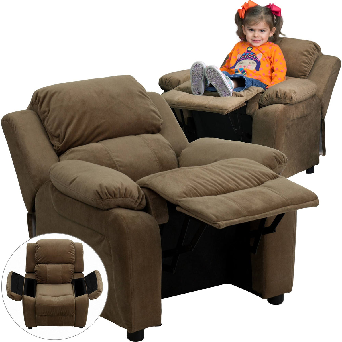 Brown Padded Kids Recliner with Flip-Up Storage Arms M301