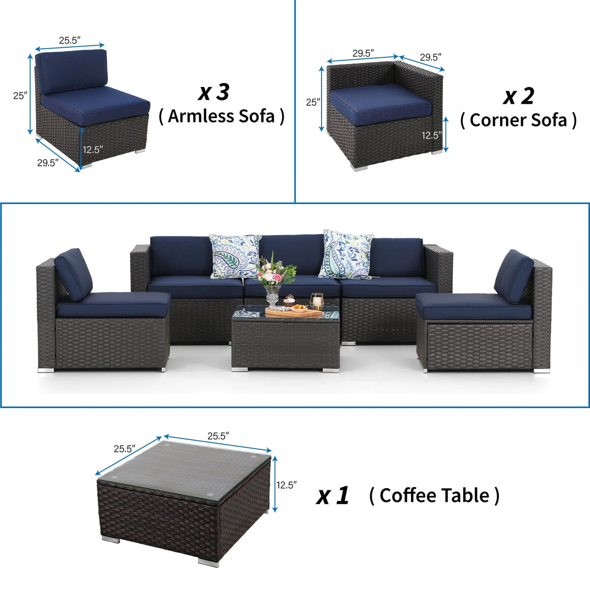 Blue Wicker Rattan Outdoor Sectionals Patio Conversation Sets N23518