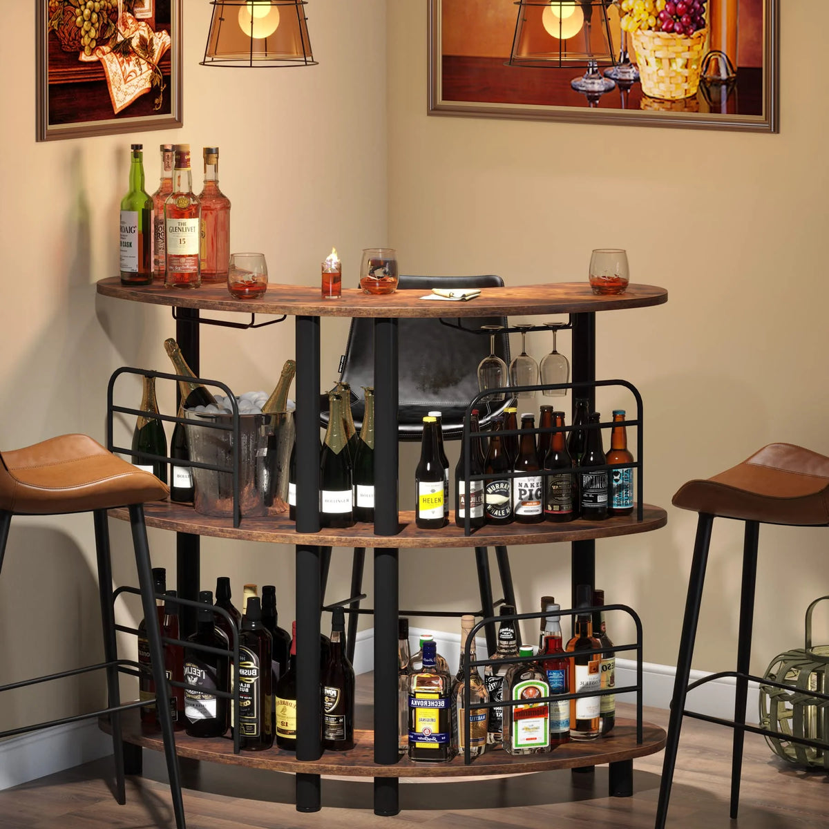 Rustic Brown 3 Tier Wine Bar Cabinet with Storage Shelves Z33553