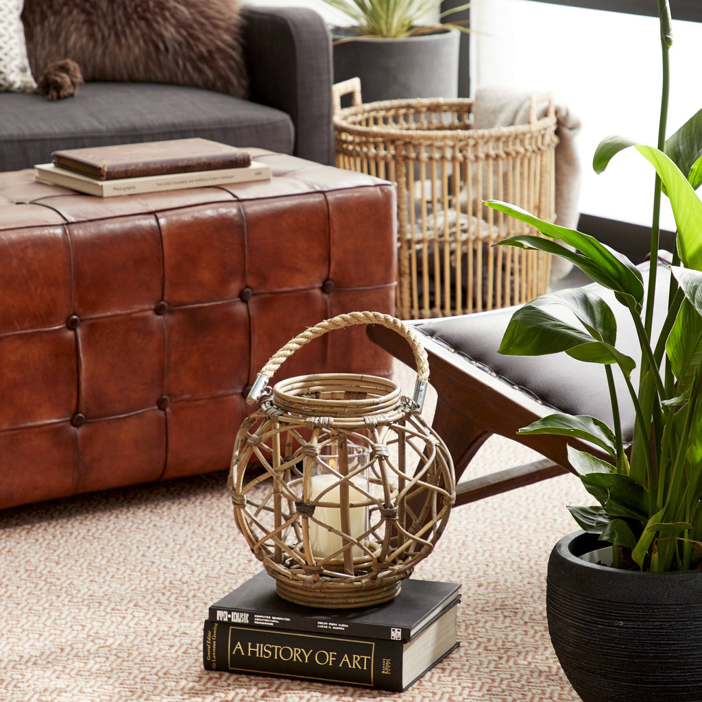 Round Brown Woven Rattan Lantern Candle with Glass Insert U554