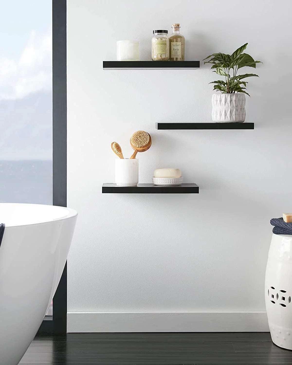16 inch Black Wood Floating Shelves Set of 3 G2749