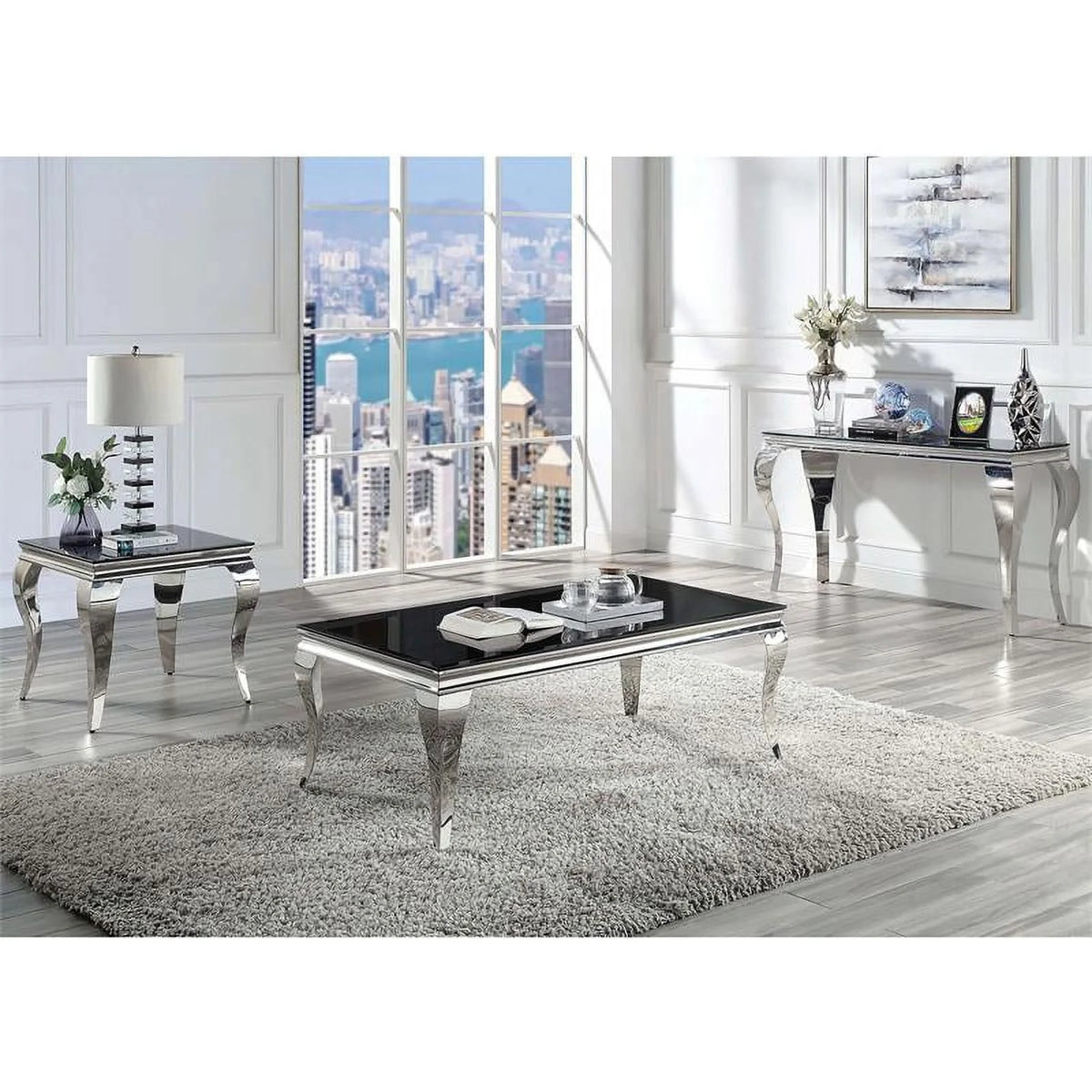 Black and Silver Glass Top End Table U5817
