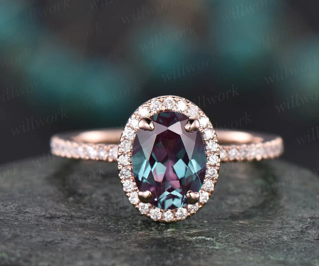 Oval Alexandrite Ring 14k Rose Gold Halo Ring A700