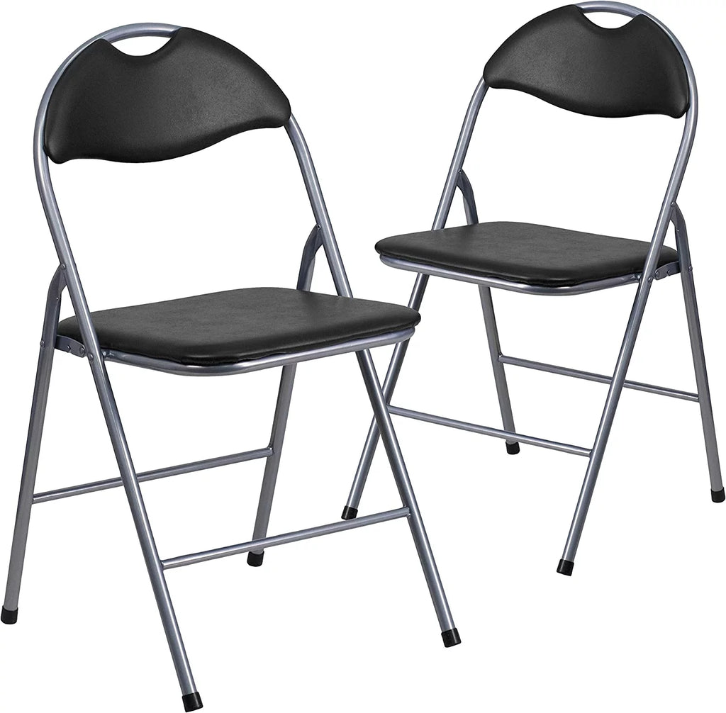 2 Pack Black Vinyl Metal Folding Chair with Carrying Handle L476406