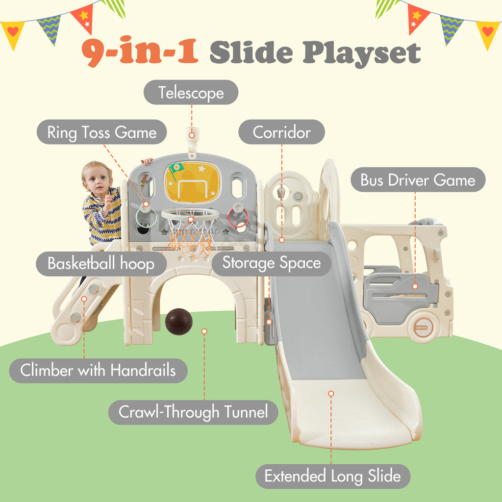 9 in 1 Kids Slide Playset with Basketball Hoop Y33110