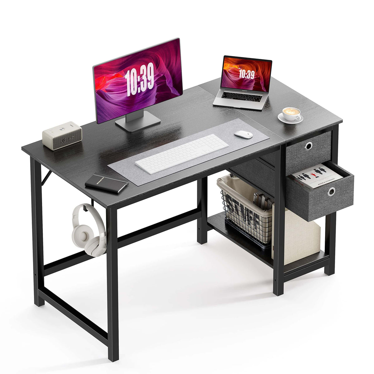 Black Wood 40In Writing Desk with 2-Tier Drawers T923018