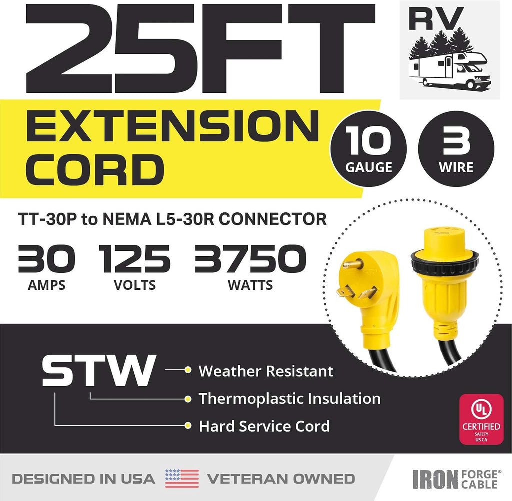 30 Amp RV Extension Cord 25 Ft 10/3 STW TT-30P to NEMA L5-30R 125v Power Cord Q69519