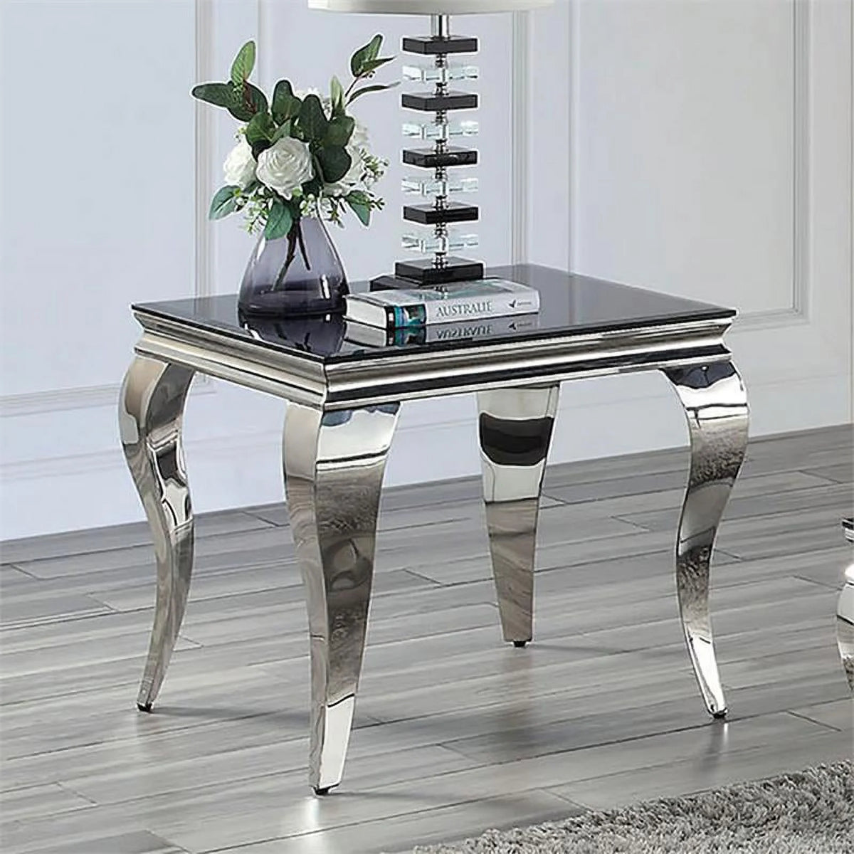 Black and Silver Glass Top End Table U5817
