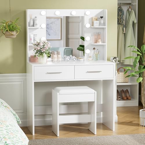White Vanity Desk with Mirror and Bench N189761