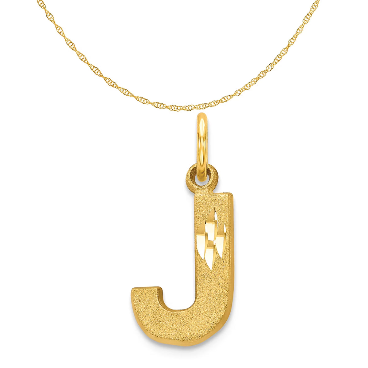 14K Yellow Gold Diamond-Cut Letter J Initial Pendant Charm with Rope Chain Necklace 20'' U500504