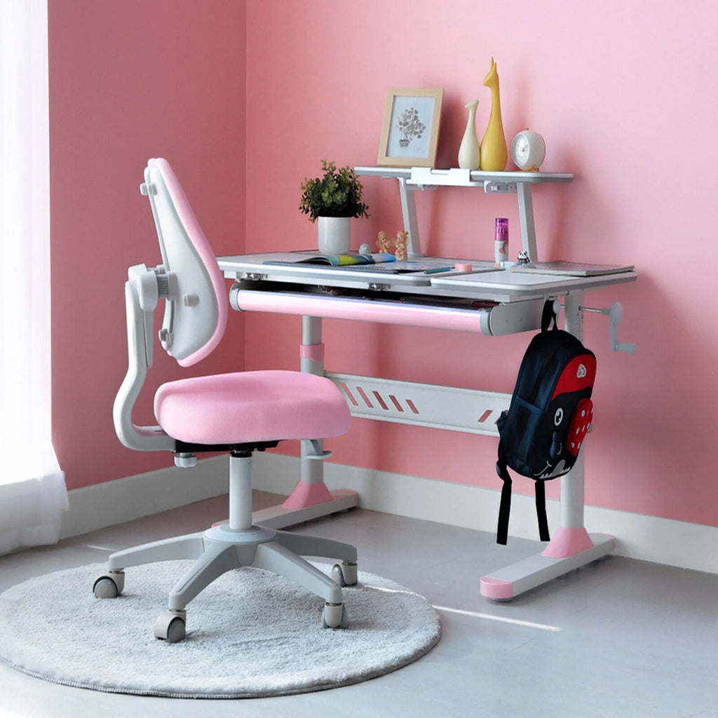 Pink Kids Study Desk and Chair Set with Writing Board, Drawer, Bookstand Y9929