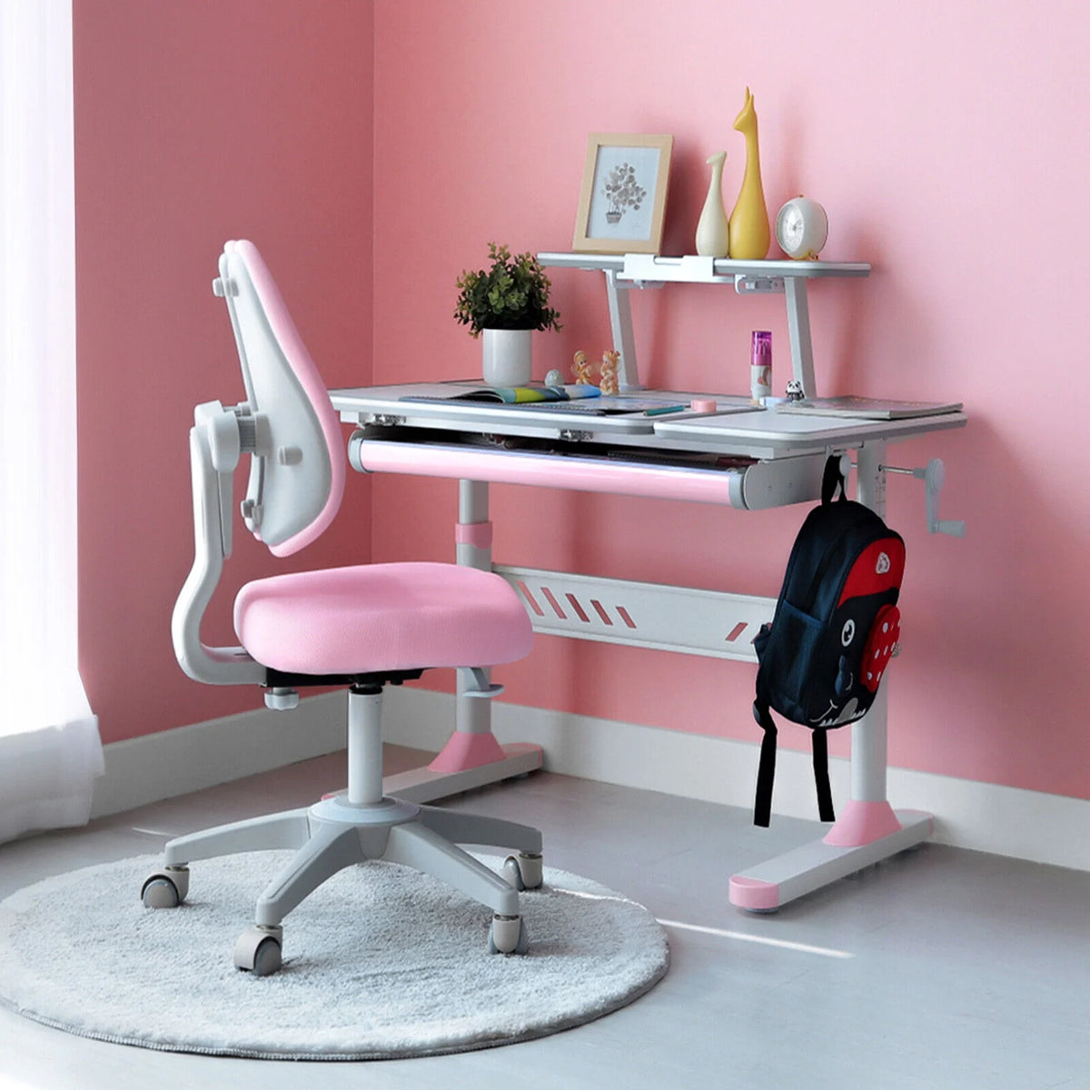 Pink Kids Study Desk and Chair Set with Writing Board, Drawer, Bookstand Y9929