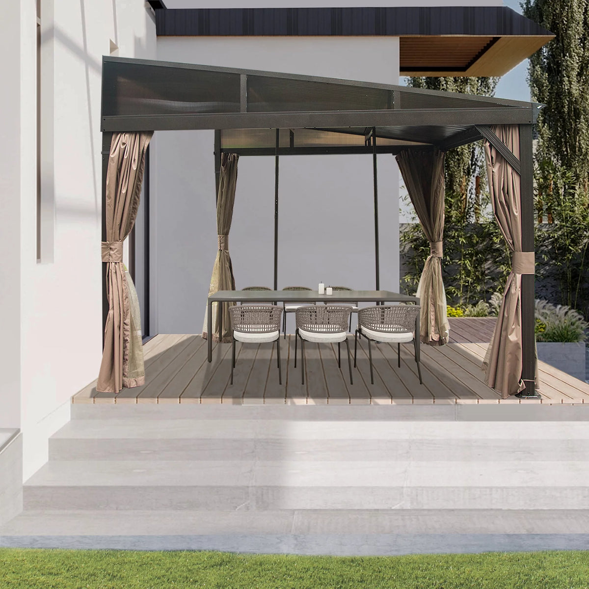 10x12FT Hardtop Wall Mounted Gazebo with Curtains and Netting I2113