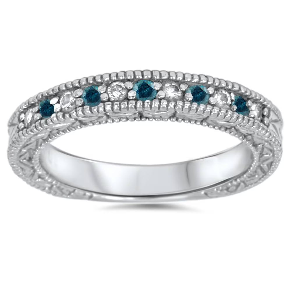 1/4ct Blue & White Diamond Vintage Wedding Ring 14K White Gold G63078
