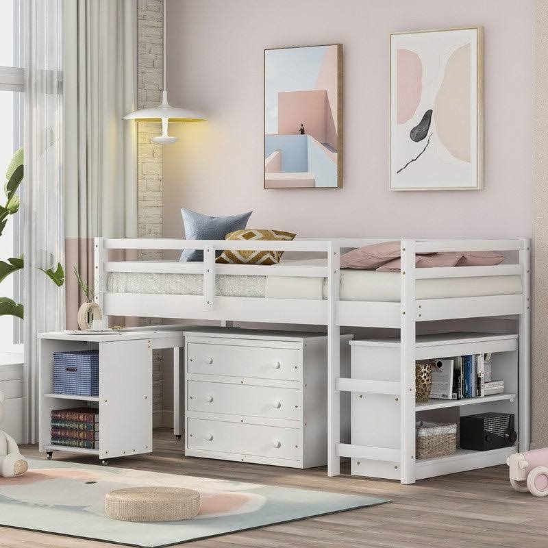 White Twin Loft Bed with Cabinet and Rolling Desk P2388