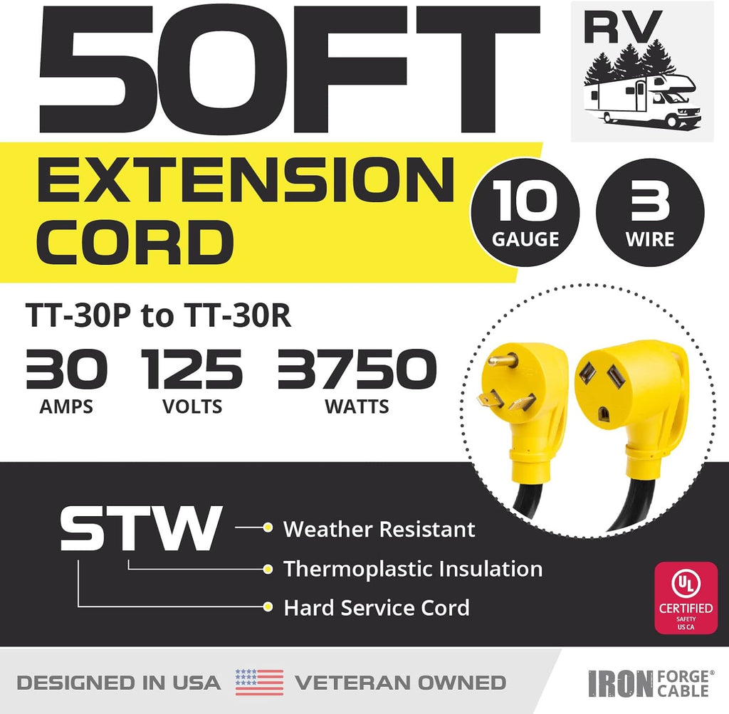 30 Amp RV Extension Cord 25 Ft 10/3 STW TT-30P to NEMA L5-30R 125v Power Cord Q69519