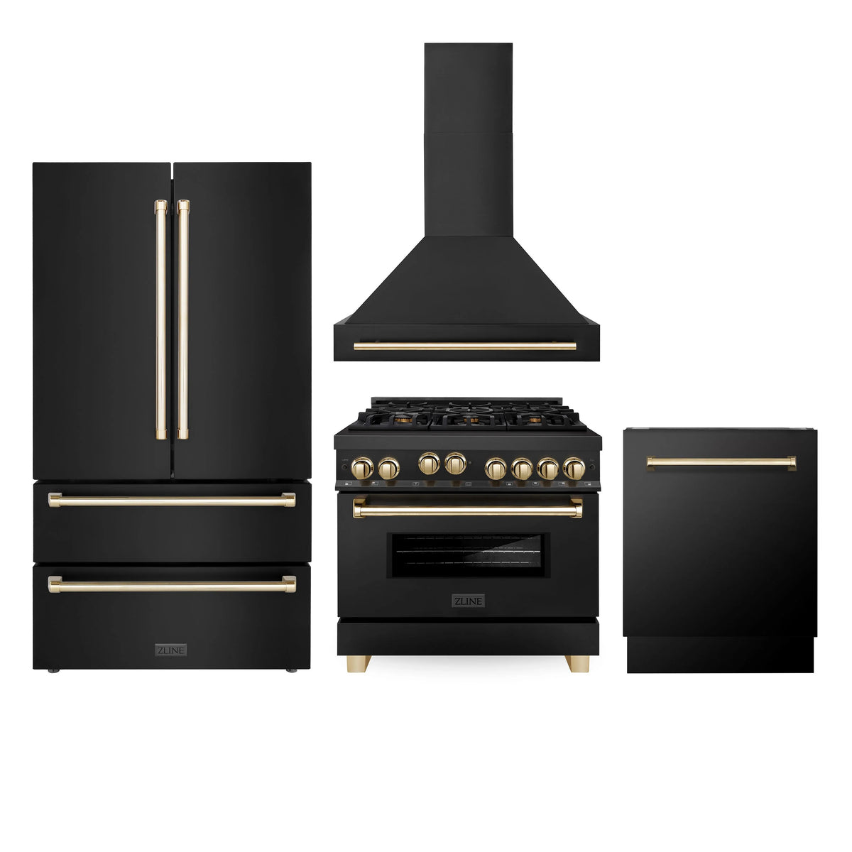 36 In. Gas Range, Range Hood, Refrigerator, and Dishwasher in Black Stainless Steel A800345