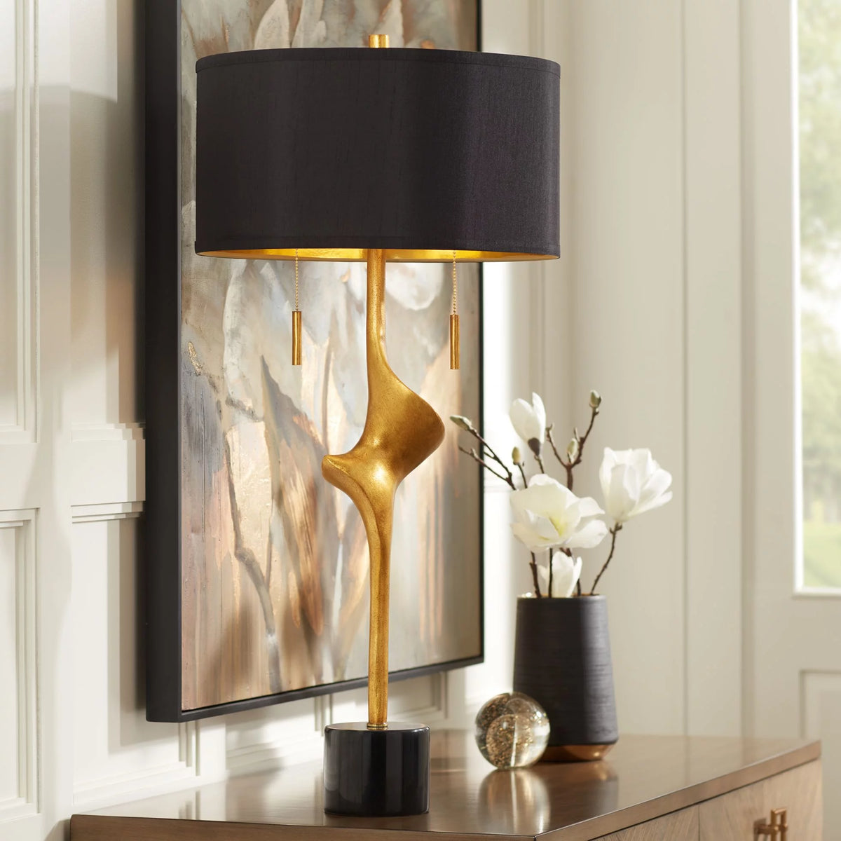 Gold Leaf Table Lamp with Black Drum Shade B58518