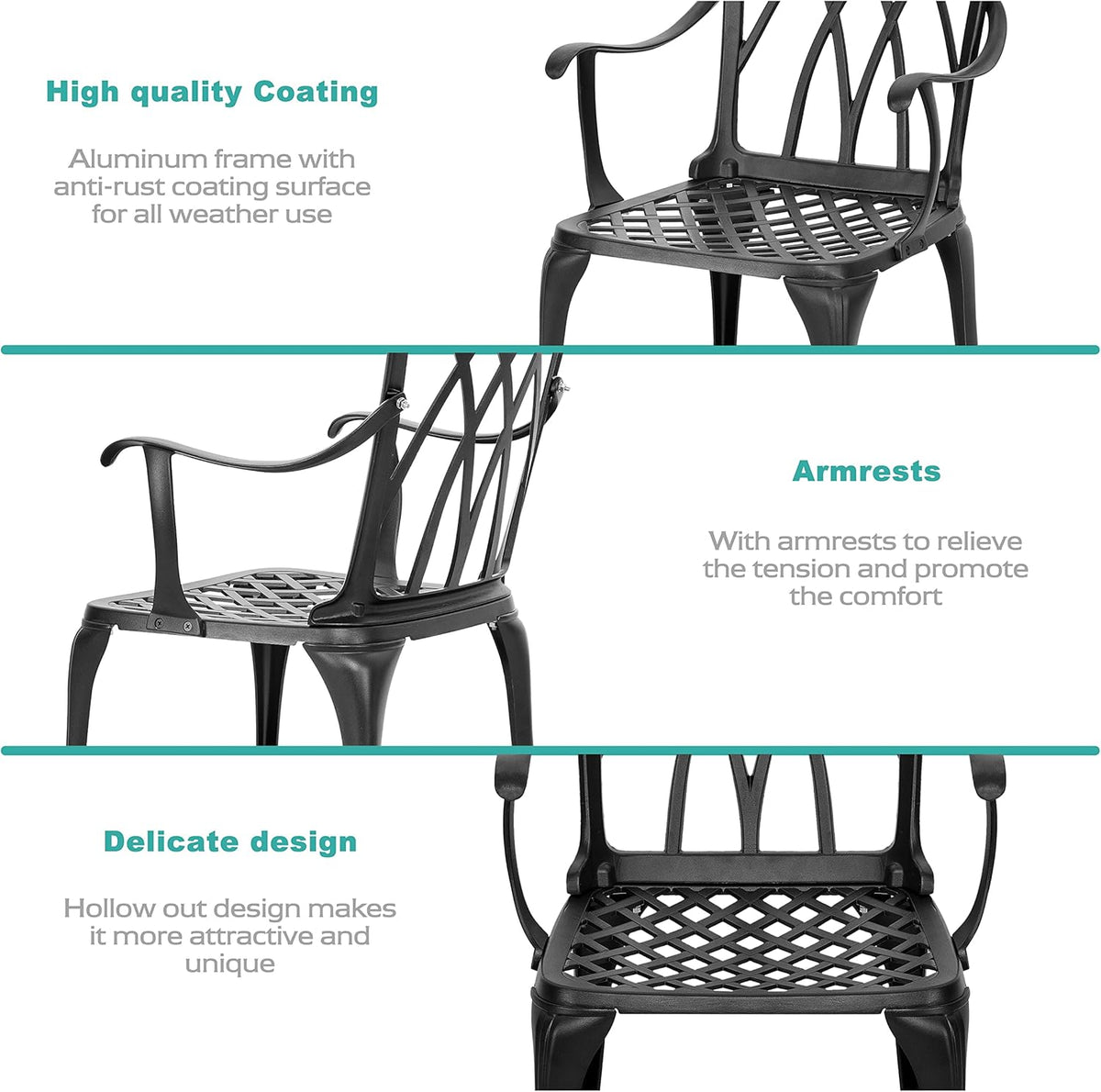3 Piece Cast Aluminum Black Patio Bistro Table Set Y365589