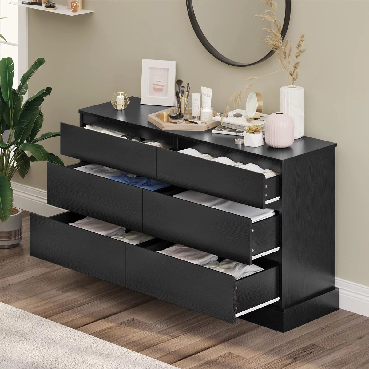 Black 6 Drawer Wooden Dresser W322