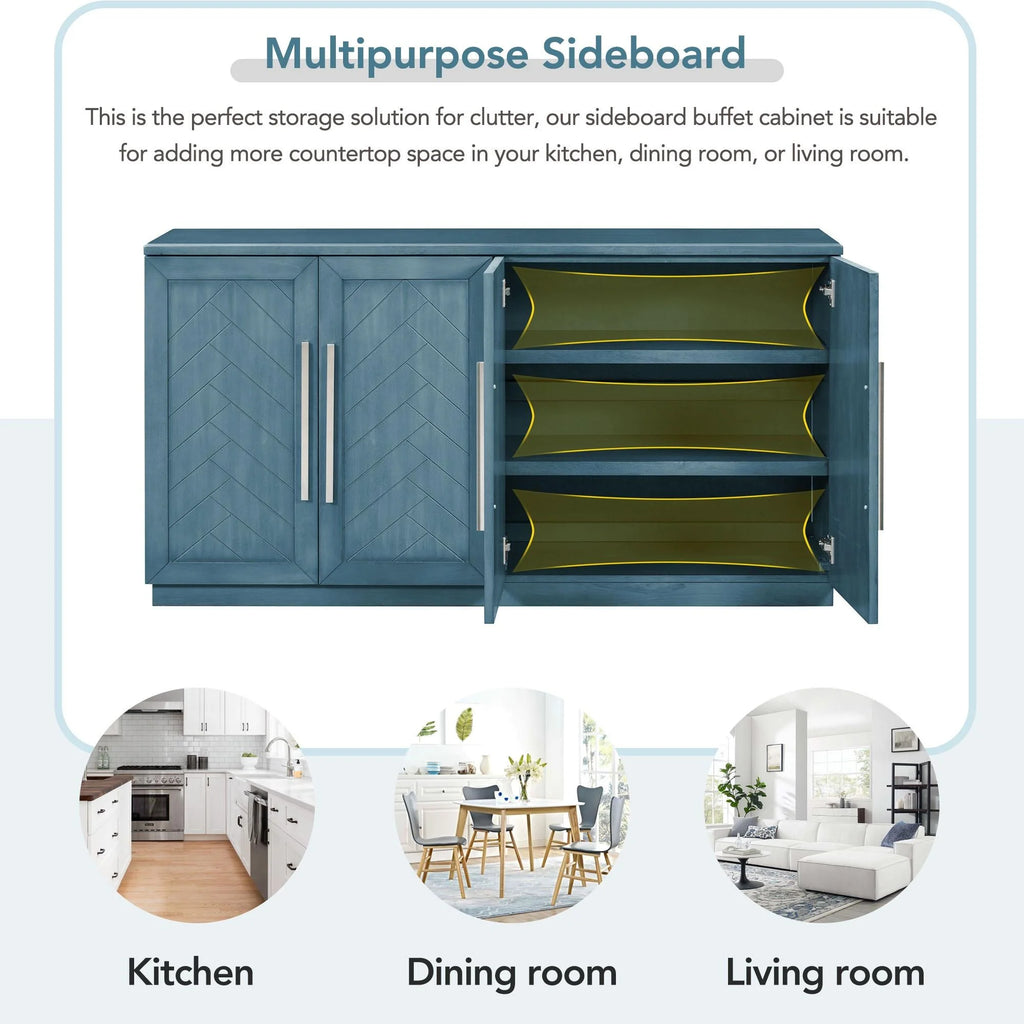 Blue 4 Door Wood Buffet Cabinet with Adjustable Shelves C460