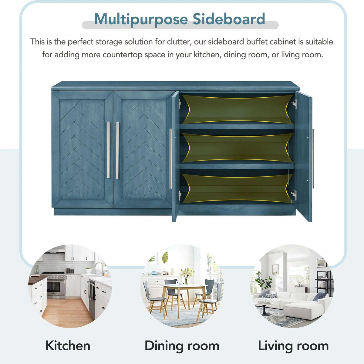 Blue 4 Door Wood Buffet Cabinet with Adjustable Shelves C460