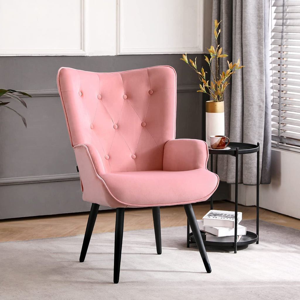 Pink Velvet Tufted Wingback Accent Chair with Solid Metal Legs C27719