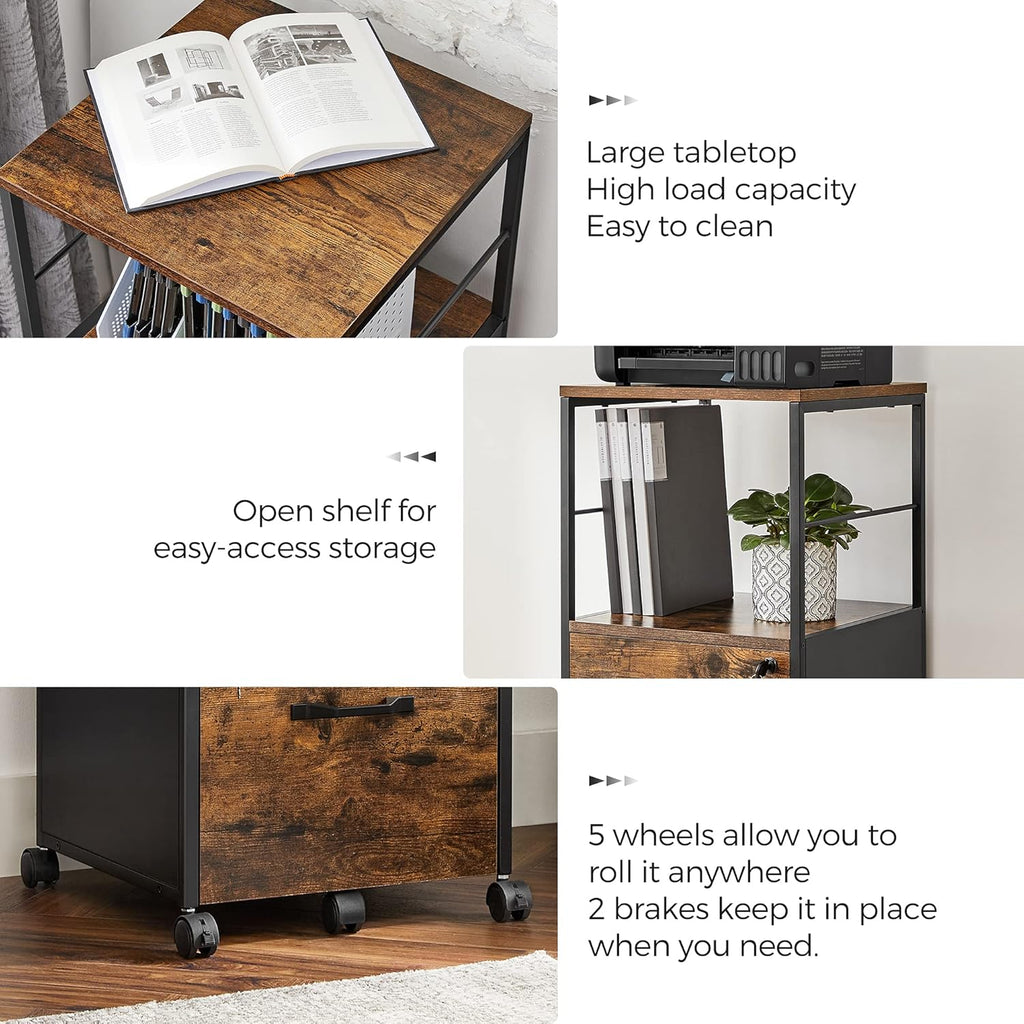 Rustic Brown and Black Rolling File Cabinet with Drawer and Lock Y299189