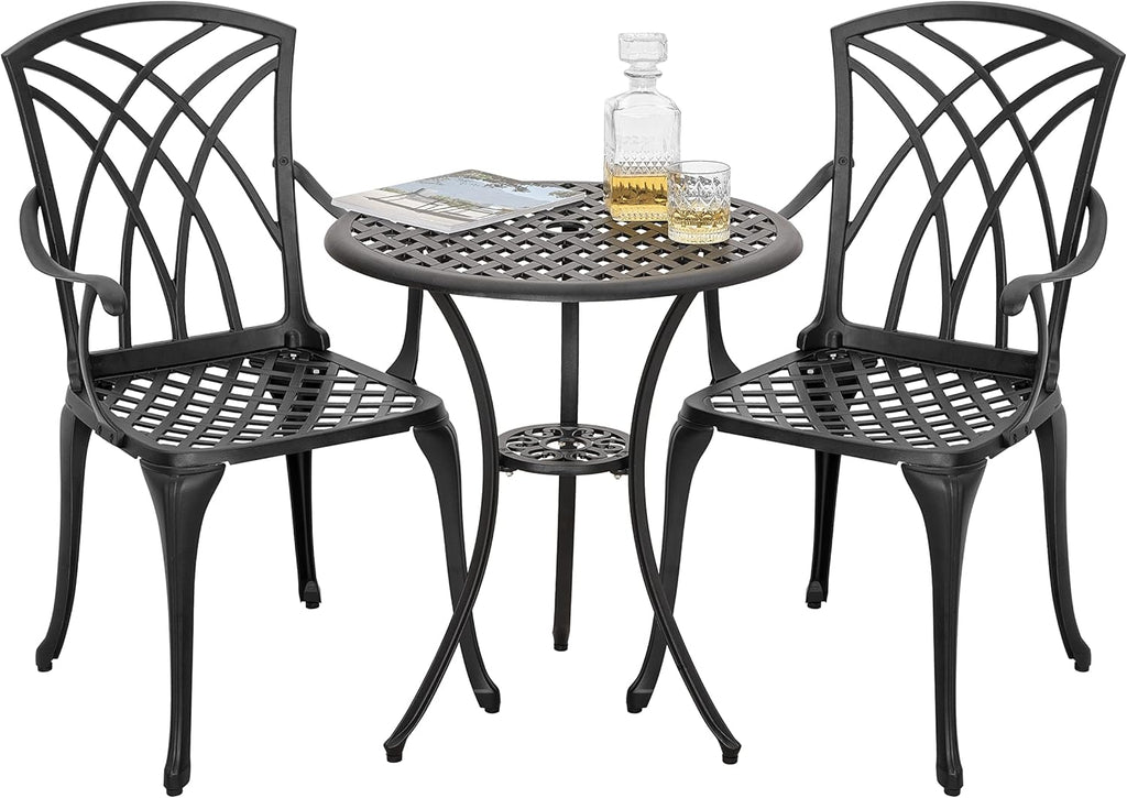 3 Piece Cast Aluminum Black Patio Bistro Table Set Y365589