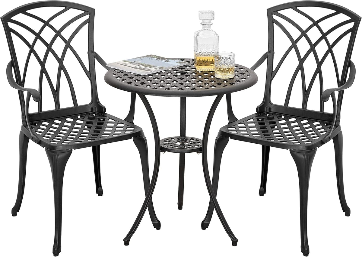 3 Piece Cast Aluminum Black Patio Bistro Table Set Y365589