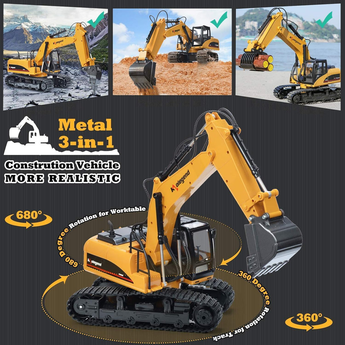 3 in 1 Remote Control Excavator with Metal Shovel, 15 Channel Construction Tractor S65049