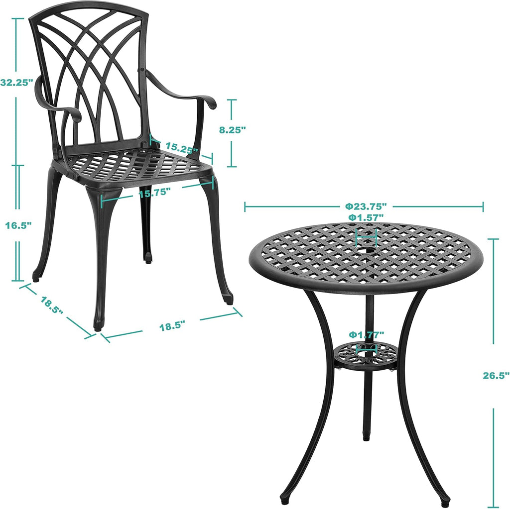 3 Piece Cast Aluminum Black Patio Bistro Table Set Y365589