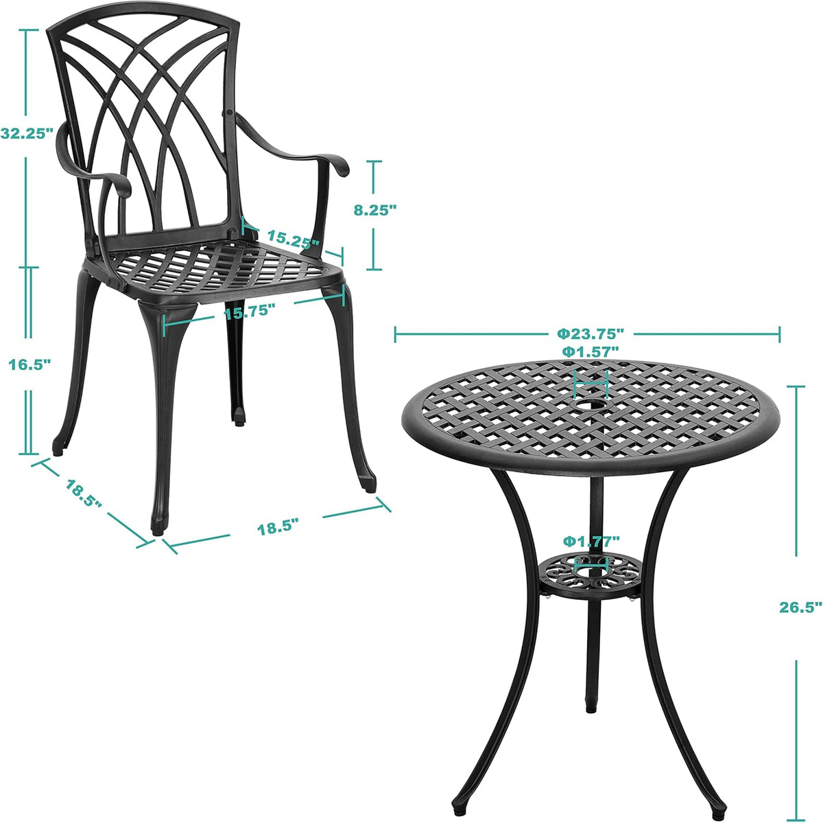 3 Piece Cast Aluminum Black Patio Bistro Table Set Y365589