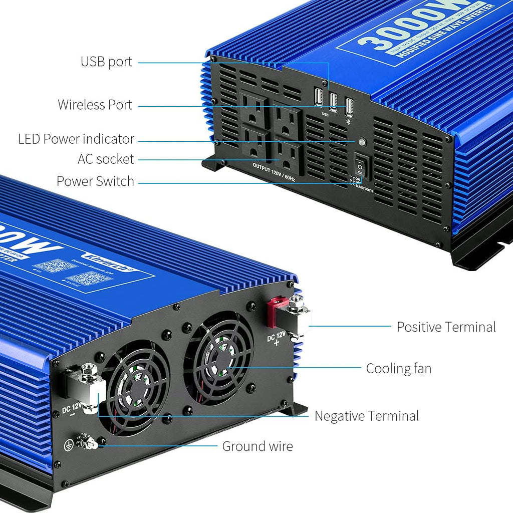 3000W Power Inverter DC12V to 110V AC Car Inverter with 4AC Outlets 2USB Port Y232706