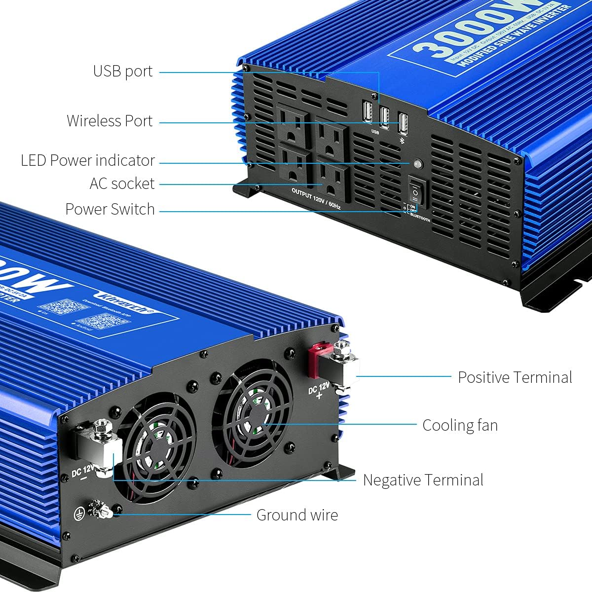 3000W Power Inverter DC12V to 110V AC Car Inverter with 4AC Outlets 2USB Port Y232706