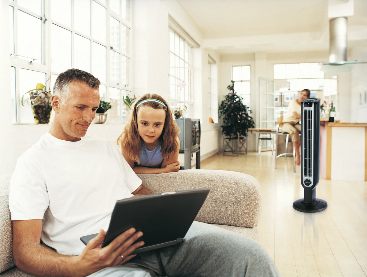 Black 3-Speed Oscillating Tower Fan with Remote B6669