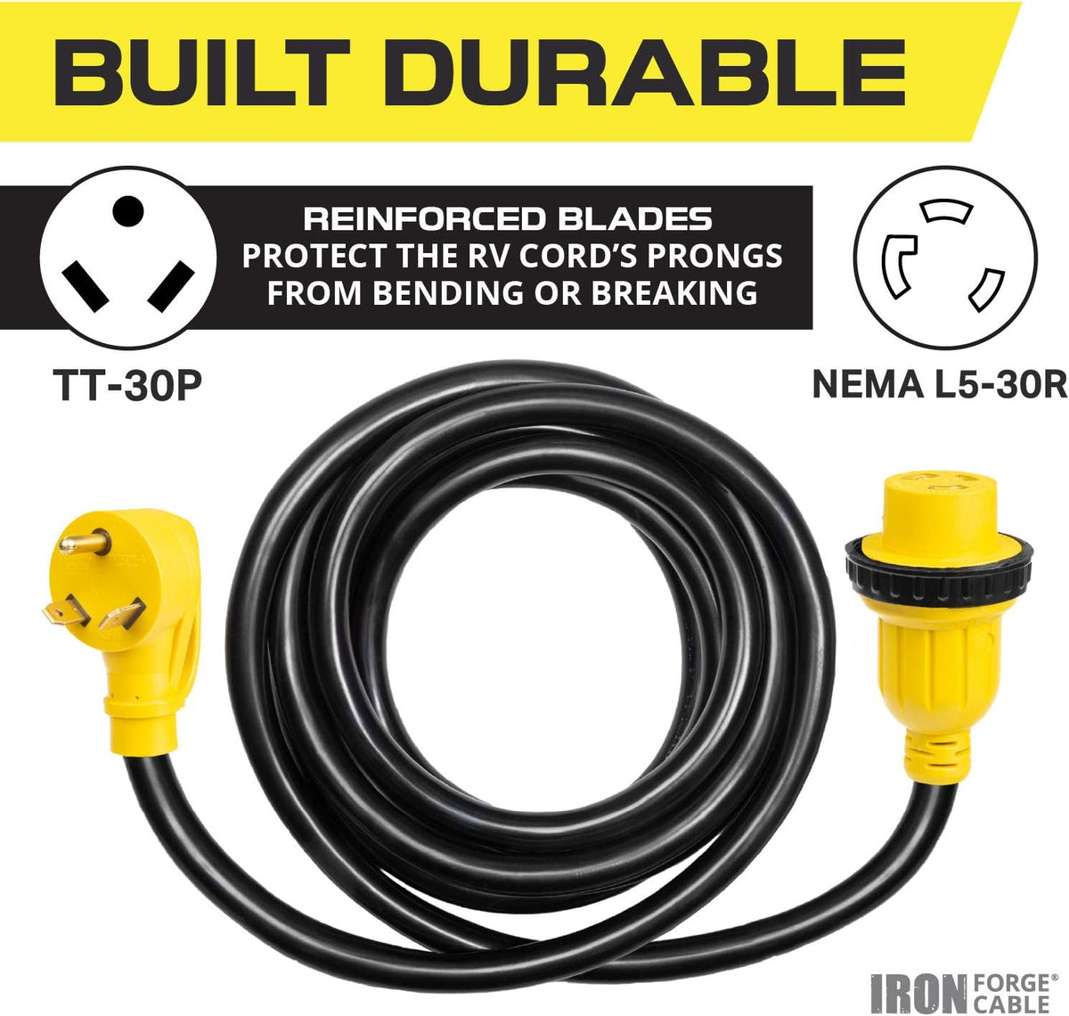 30 Amp RV Extension Cord 25 Ft 10/3 STW TT-30P to NEMA L5-30R 125v Power Cord Q69519