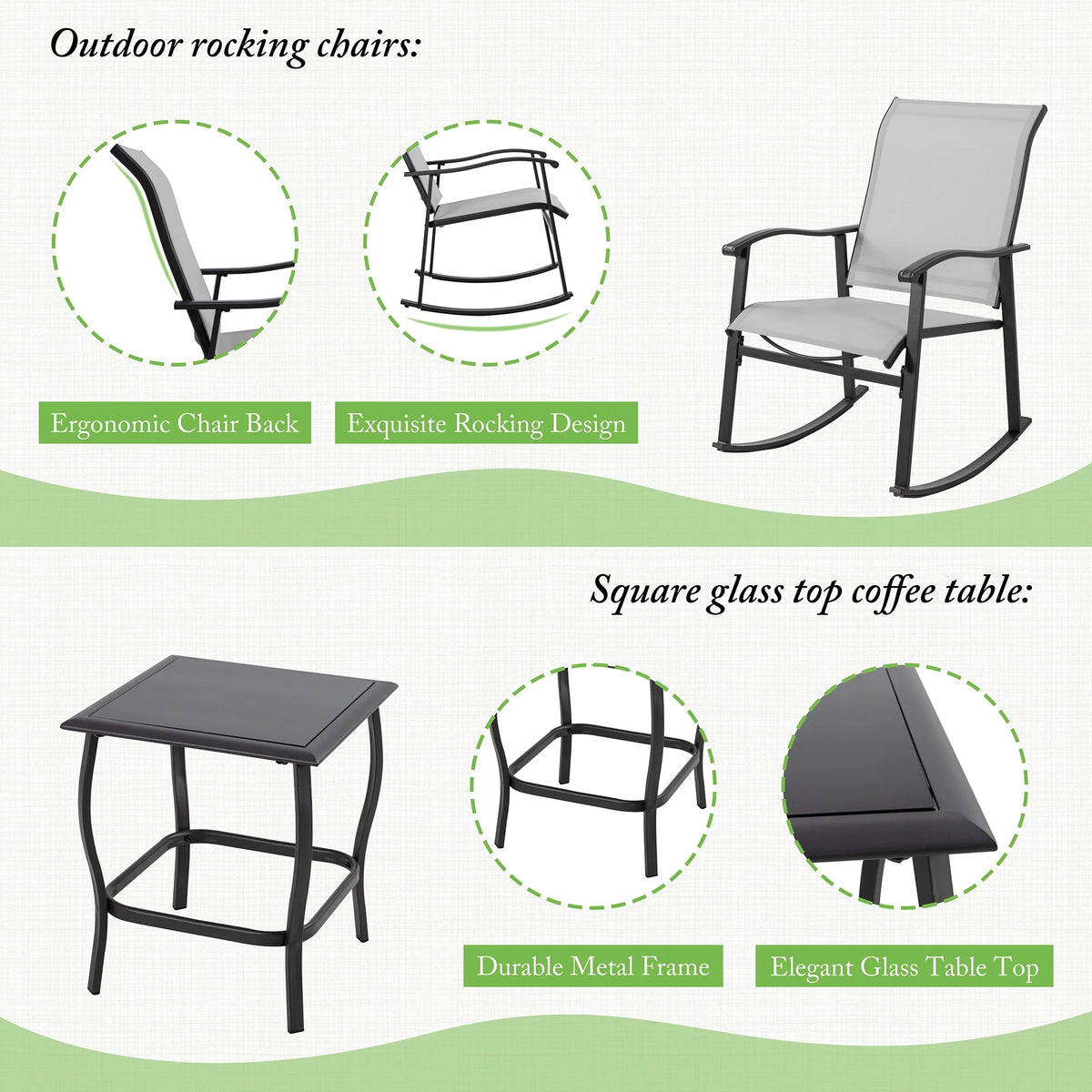 3 Piece Rocking Bistro Set with Glass Coffee Table Light Gray R20175