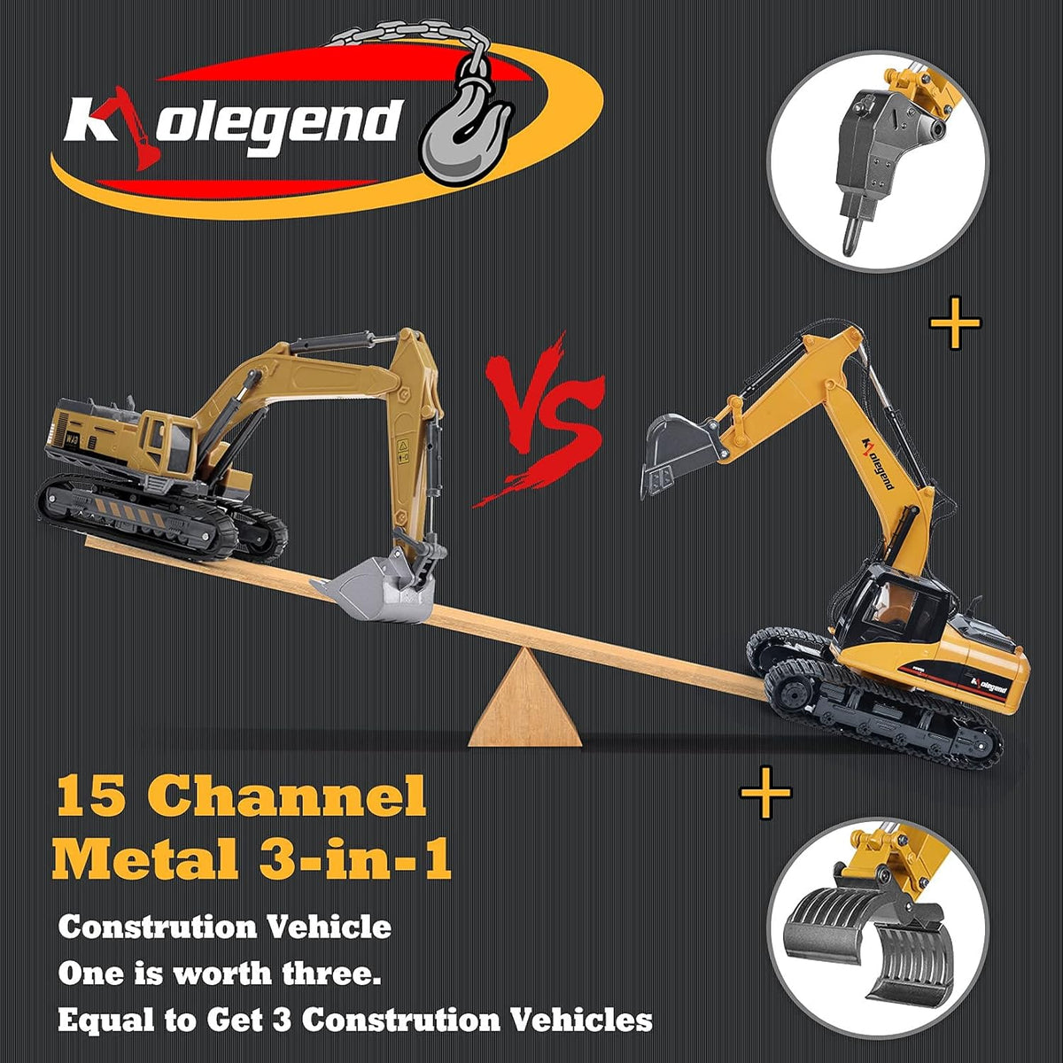 3 in 1 Remote Control Excavator with Metal Shovel, 15 Channel Construction Tractor S65049