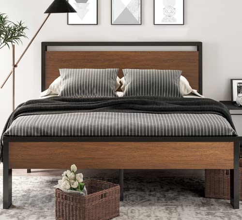 14 Inch Full Size Metal Platform Bed Frame with Wooden Headboard and Footboard B888889