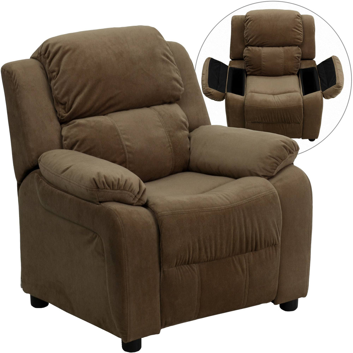 Brown Padded Kids Recliner with Flip-Up Storage Arms M301