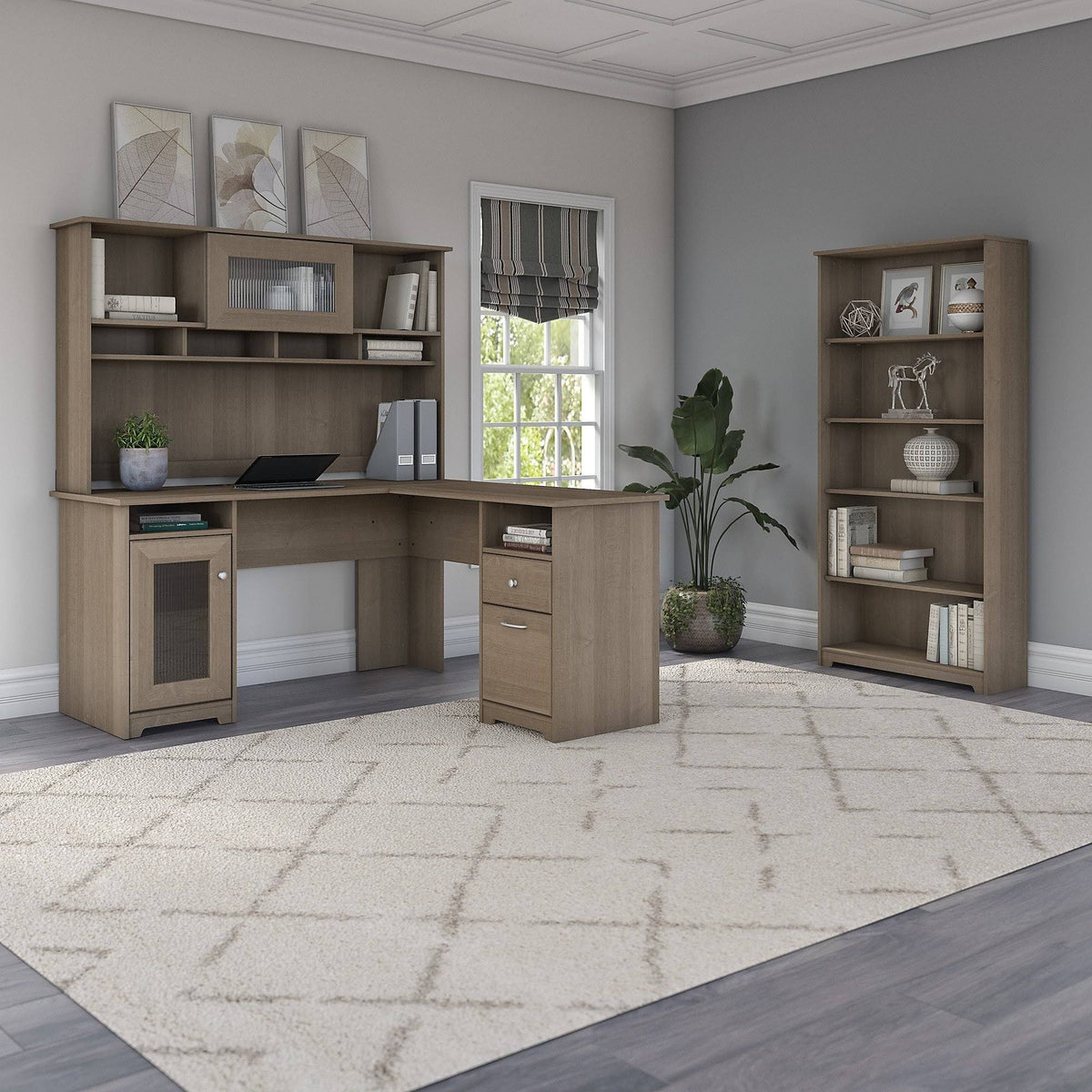 Heather Gray Metal L-Shaped Hutch Desk with 5-Shelf Bookcase T64334