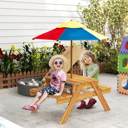 Kids Picnic Table with Foldable Umbrella, 3 in 1 Sand and Water Activity Table C32186