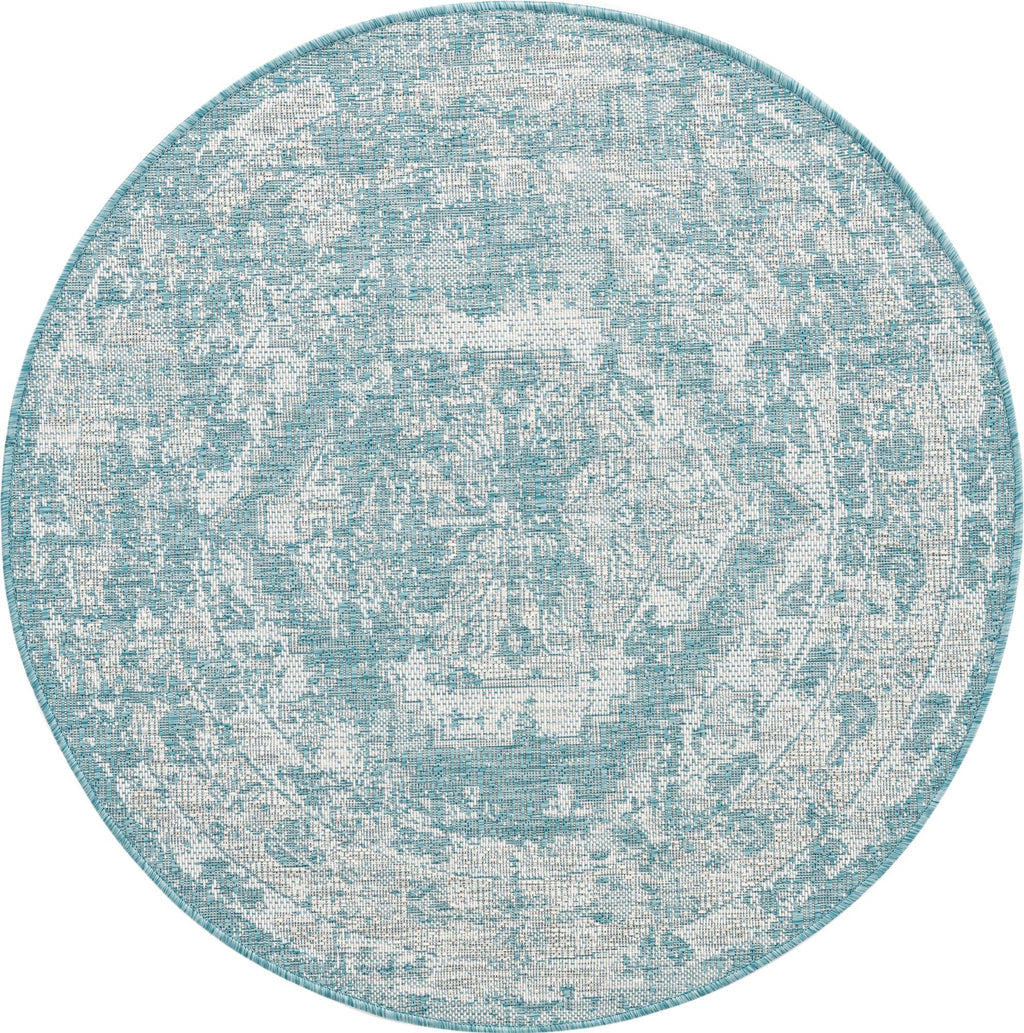 Aqua Ivory Round Medallion Traditional Rug J209696